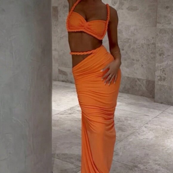 Orange Women's Sexy Backless Camisole top, Hip Hugging maxi Skirt Set - Picture 3 of 8